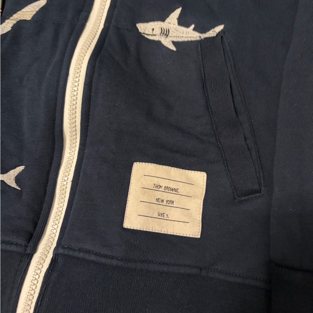 Thom Browne Navy and White Shark Zip Hoodie image 4